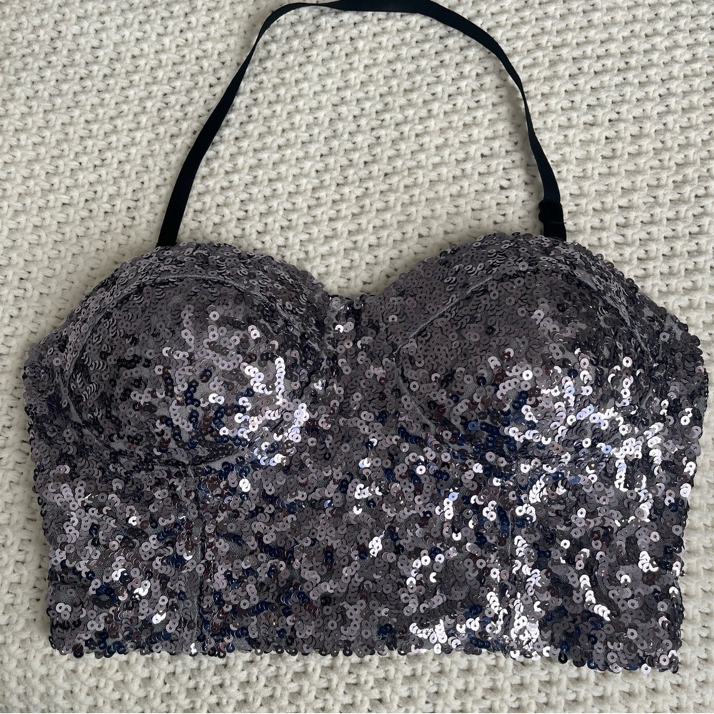 Wet Seal Silver Sequin Bustier Top Medium Glam Party Clubwear Crop